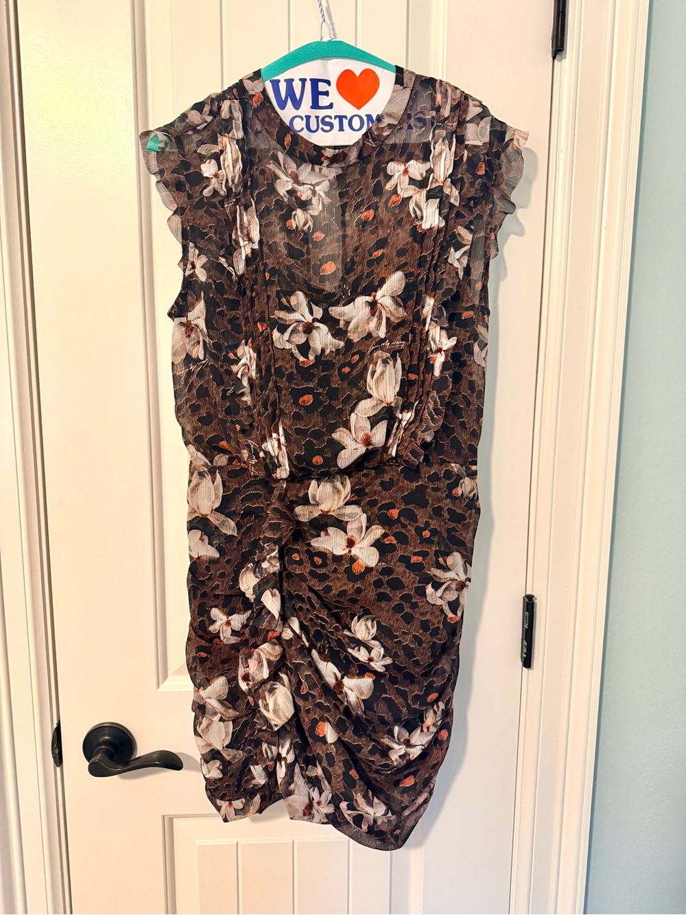 All Saints Hali Mini Ruched Sheath Dress - Brown cheetah/Tropicsl Floral